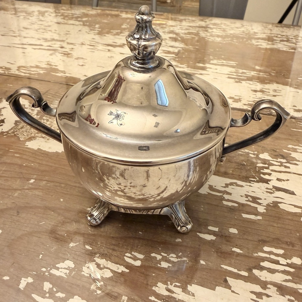 Vintage WM Rogers Silverplate Covered Sugar Bowl - Ornate Handles, Footed Base
